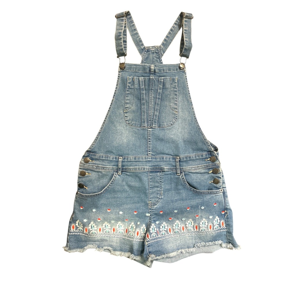 American Rag Denim Overall Shorts Light Wash Embroidered Boho Blue Womens Size 5 - Picture 5 of 8